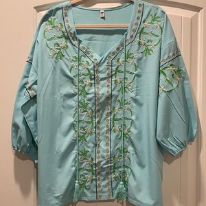 Turquoise floral embroidered top